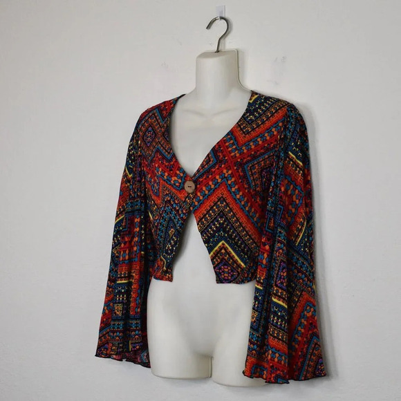 Luukse Multicolor Boho Crop Top Sz S Button Front Southwestern Tribal Dance - Picture 3 of 16